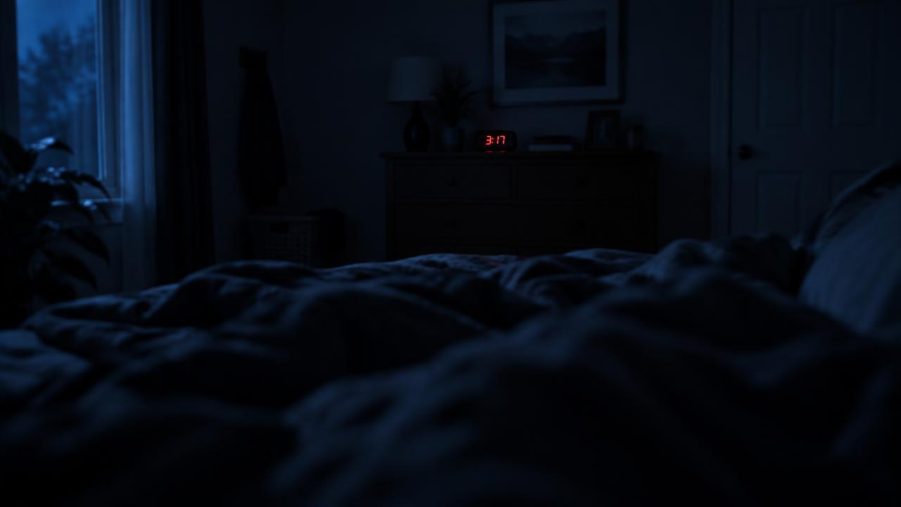 An alarm clock with glowing red digits placed far across a dark bedroom, out of reach of the bed